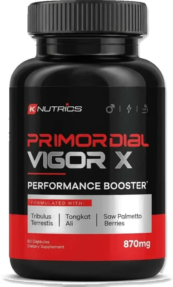 Primordial Vigor X bottle, a once-daily tongkat ali, tribulus and saw palmetto capsule